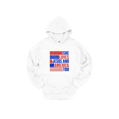 She Loves Jesus and America Too Apparel — white adult-hoodie front