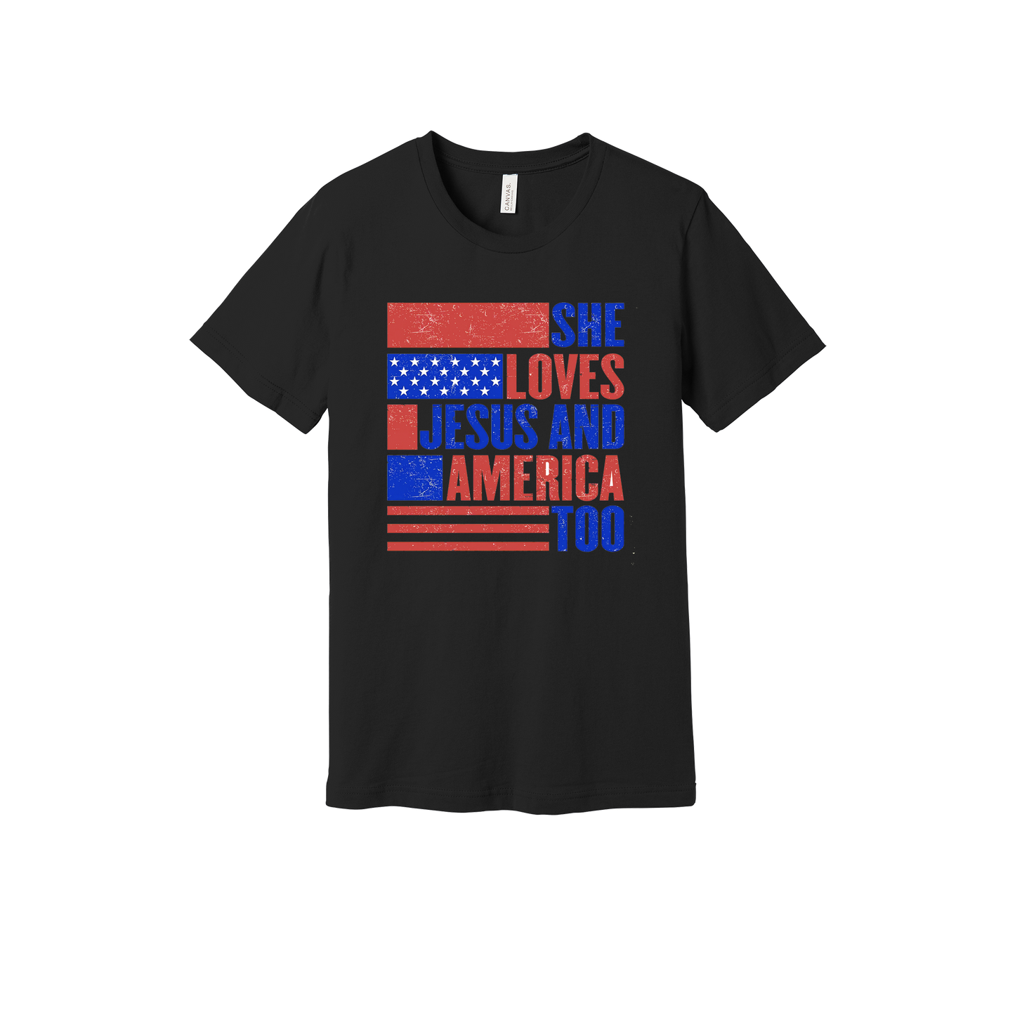 She Loves Jesus and America Too Apparel — black adult-tee front