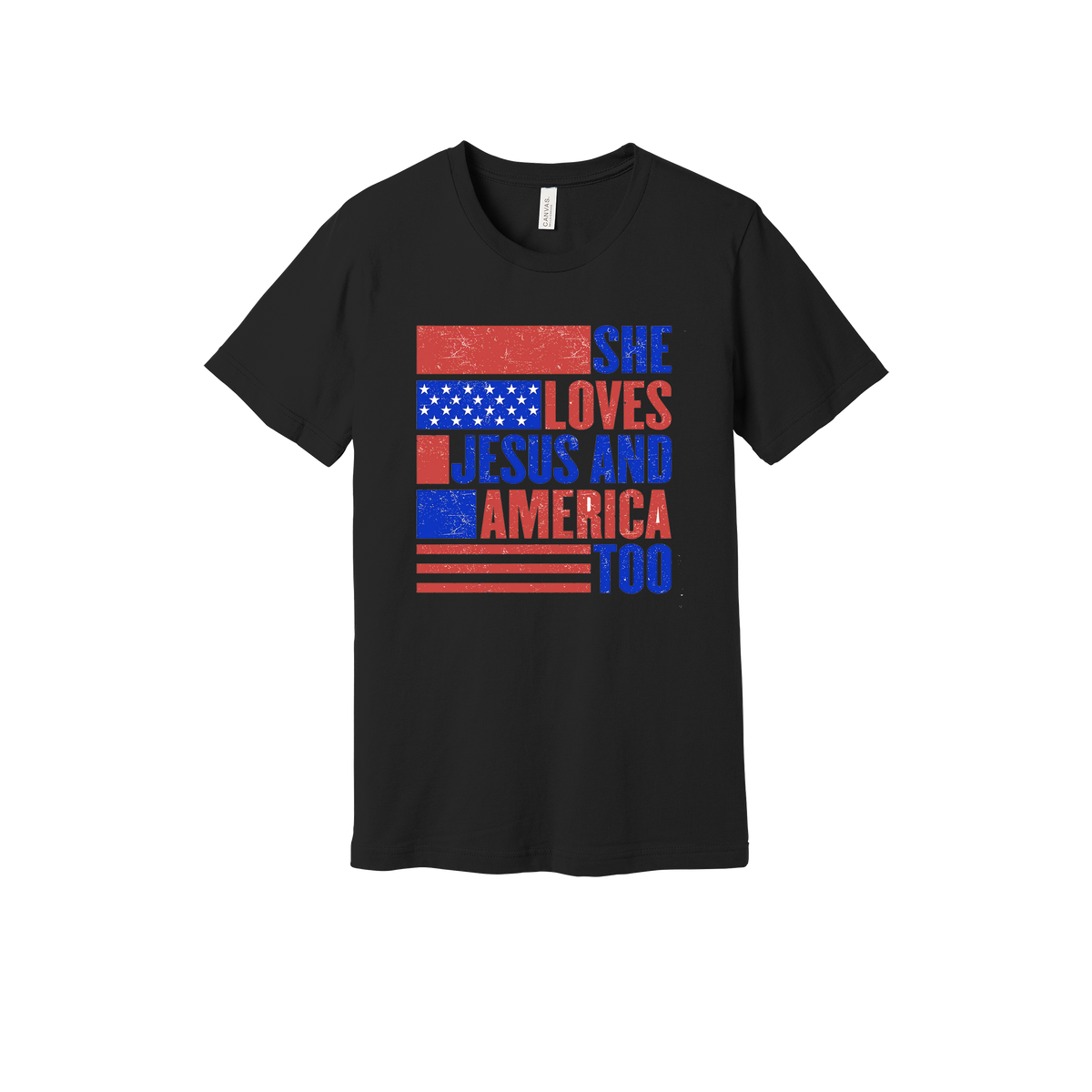 She Loves Jesus and America Too Apparel — black adult-tee front