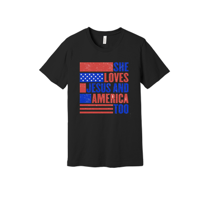She Loves Jesus and America Too Apparel — black adult-tee front