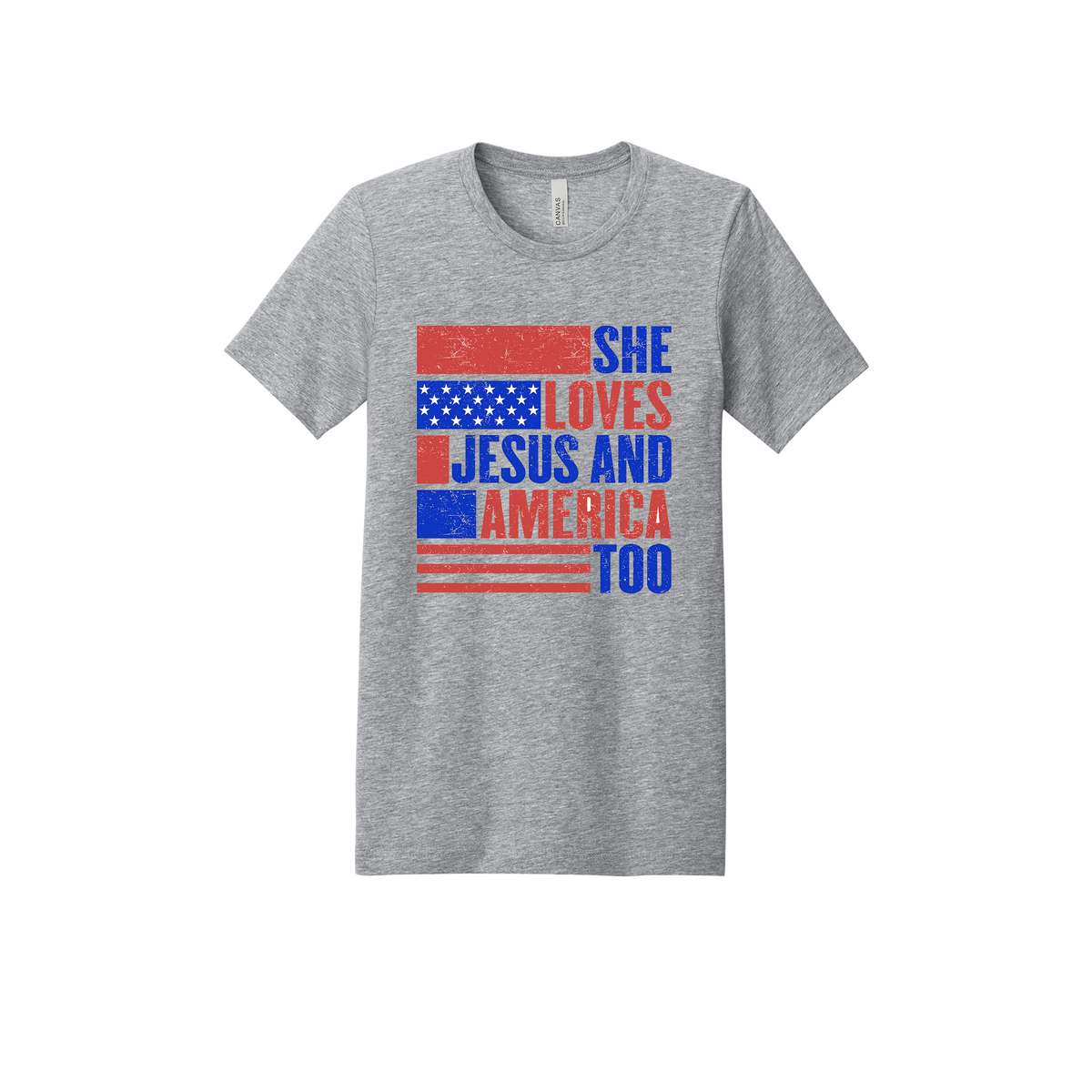 She Loves Jesus and America Too Apparel - gray adult-tee front