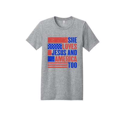 She Loves Jesus and America Too Apparel - gray adult-tee front
