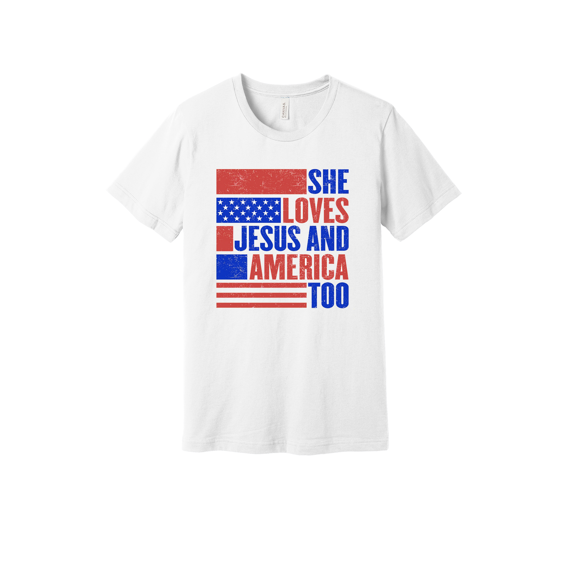 She Loves Jesus and America Too Apparel — white adult-tee front