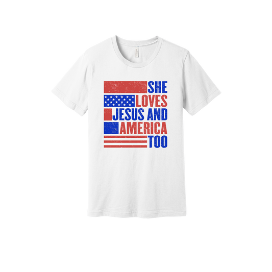 She Loves Jesus and America Too Apparel — white adult-tee front