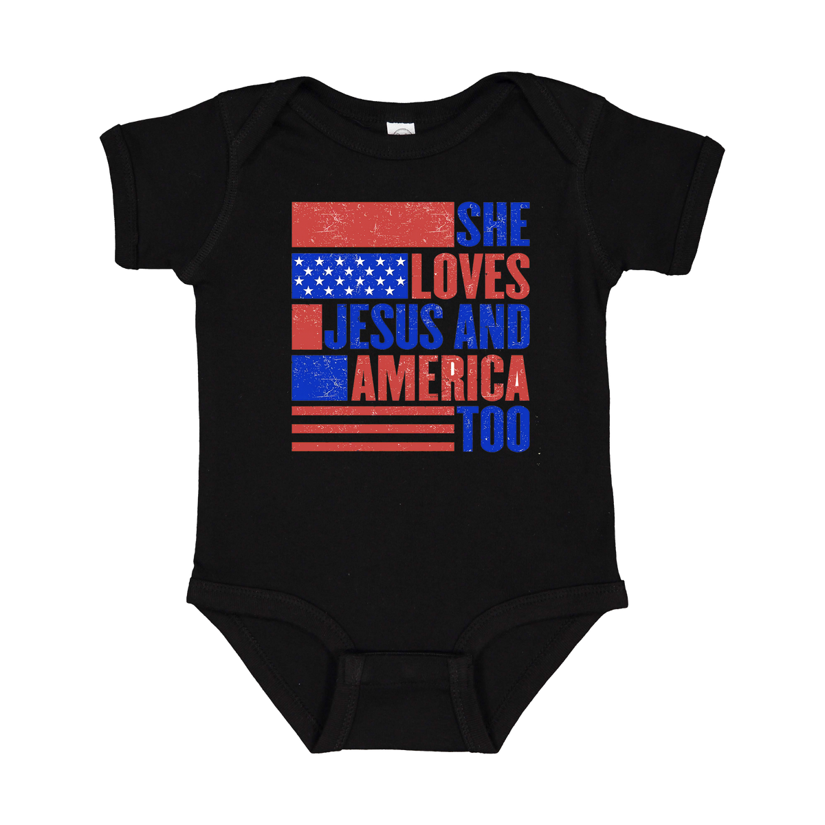 She Loves Jesus and America Too Apparel — black infant-onesie front