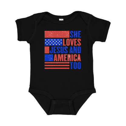 She Loves Jesus and America Too Apparel — black infant-onesie front