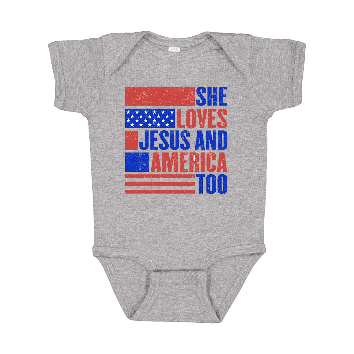 She Loves Jesus and America Too Apparel - gray infant-onesie front