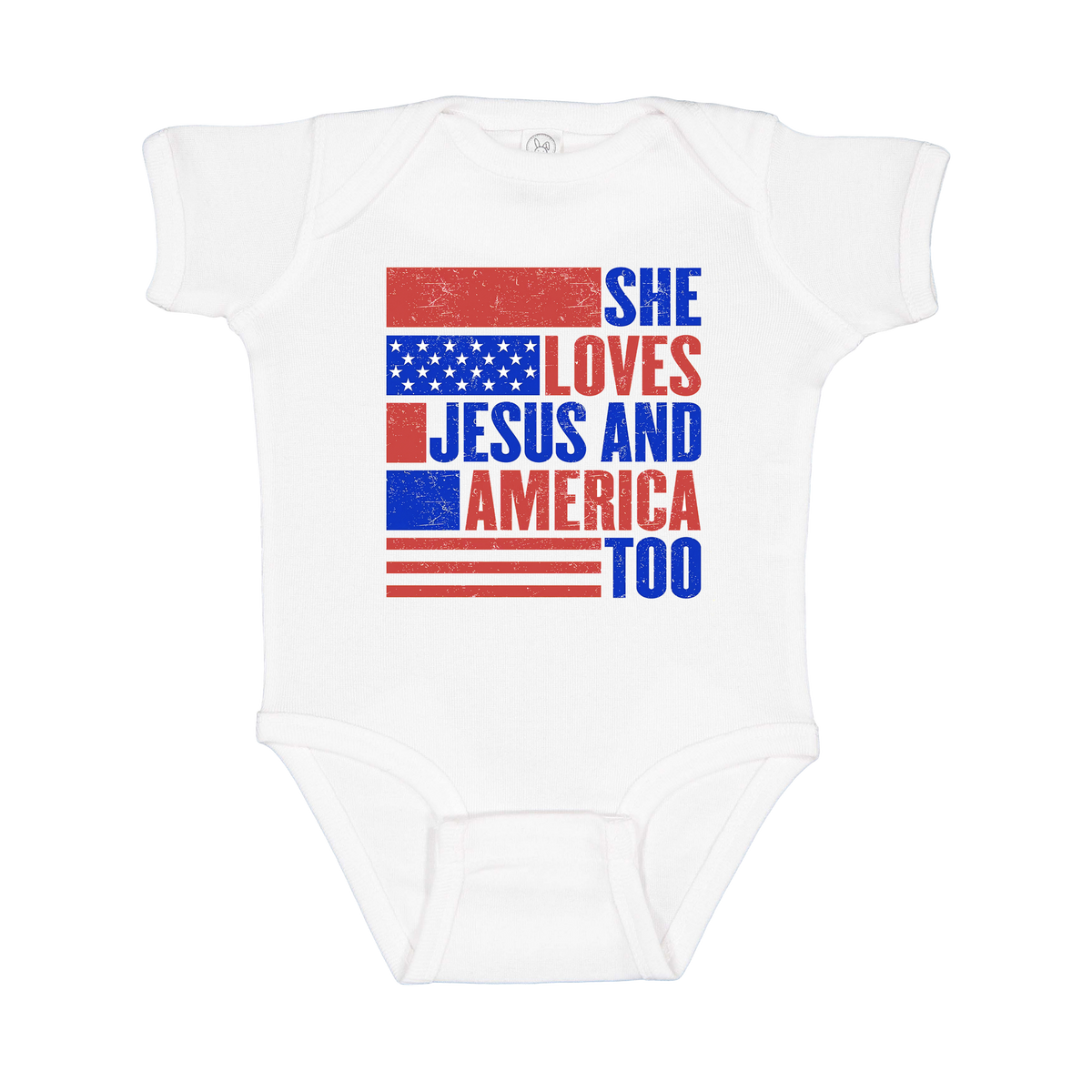 She Loves Jesus and America Too Apparel — white infant-onesie front