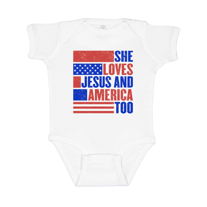 She Loves Jesus and America Too Apparel — white infant-onesie front