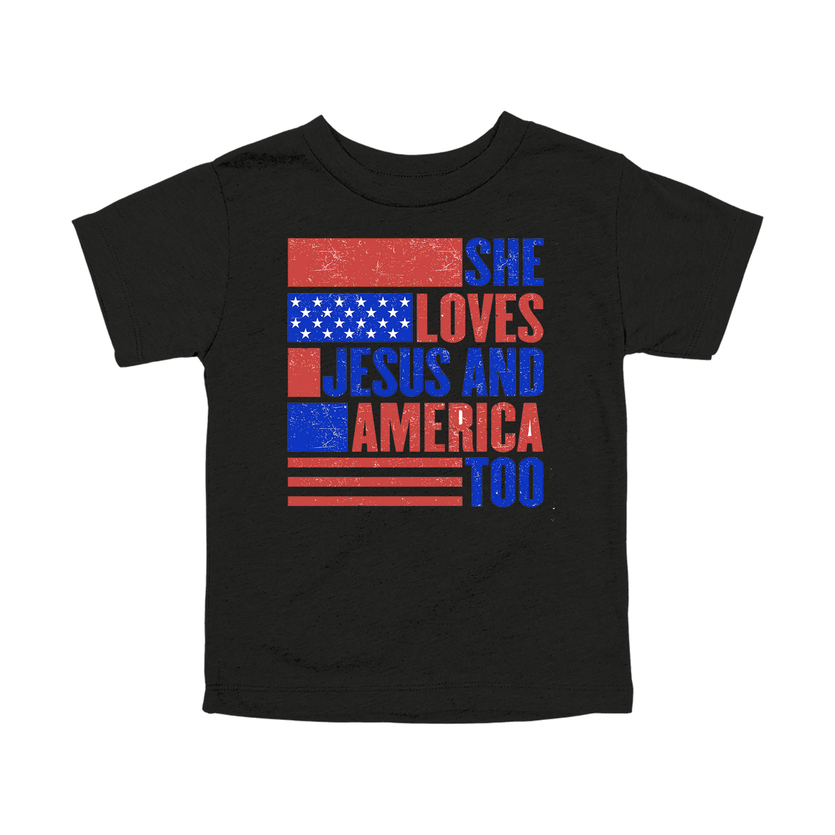 She Loves Jesus and America Too Apparel — black toddler-tee front
