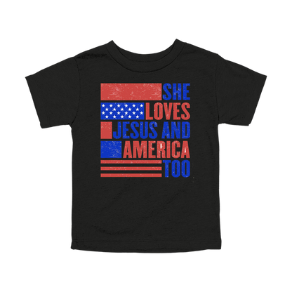 She Loves Jesus and America Too Apparel — black toddler-tee front
