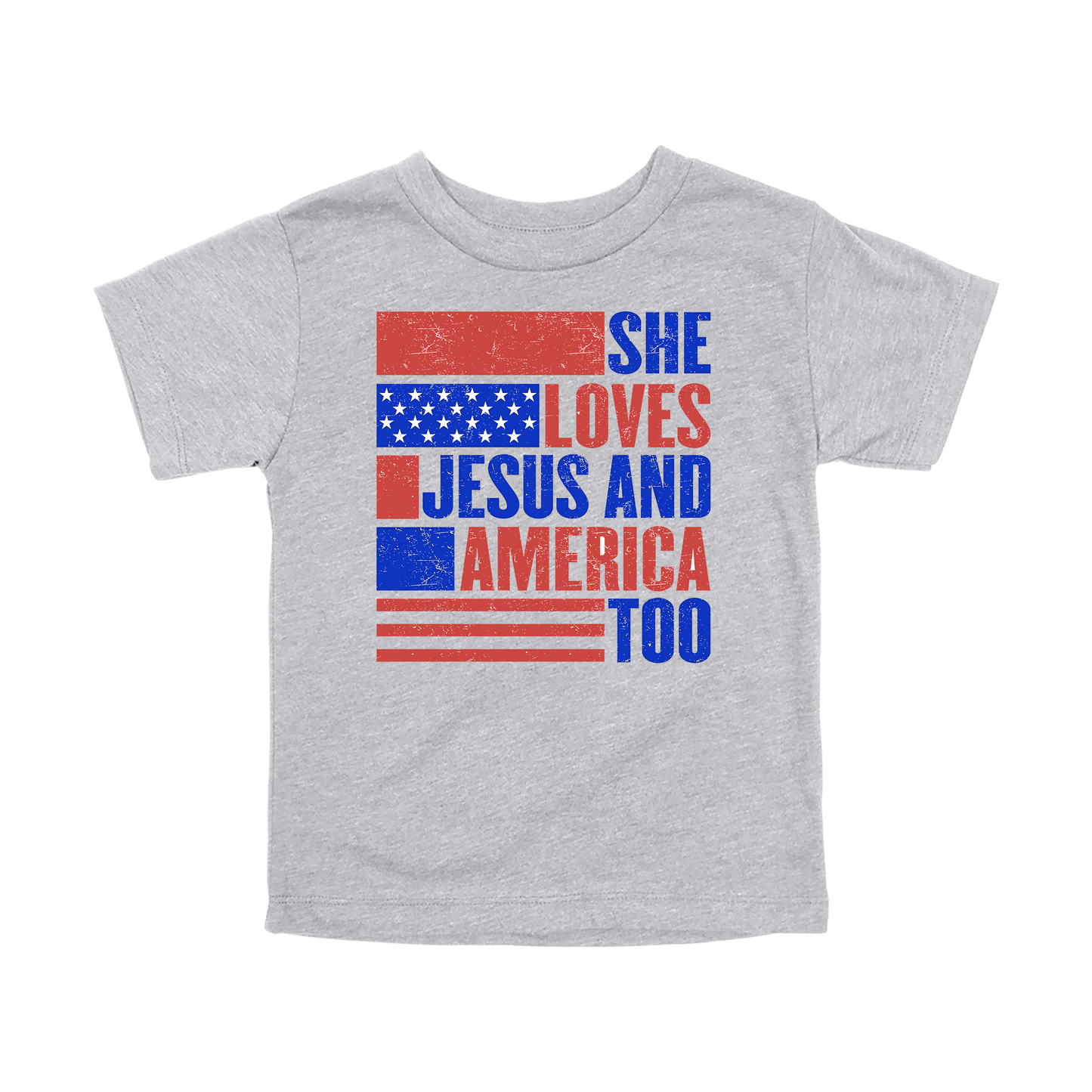 She Loves Jesus and America Too Apparel - gray toddler-tee front