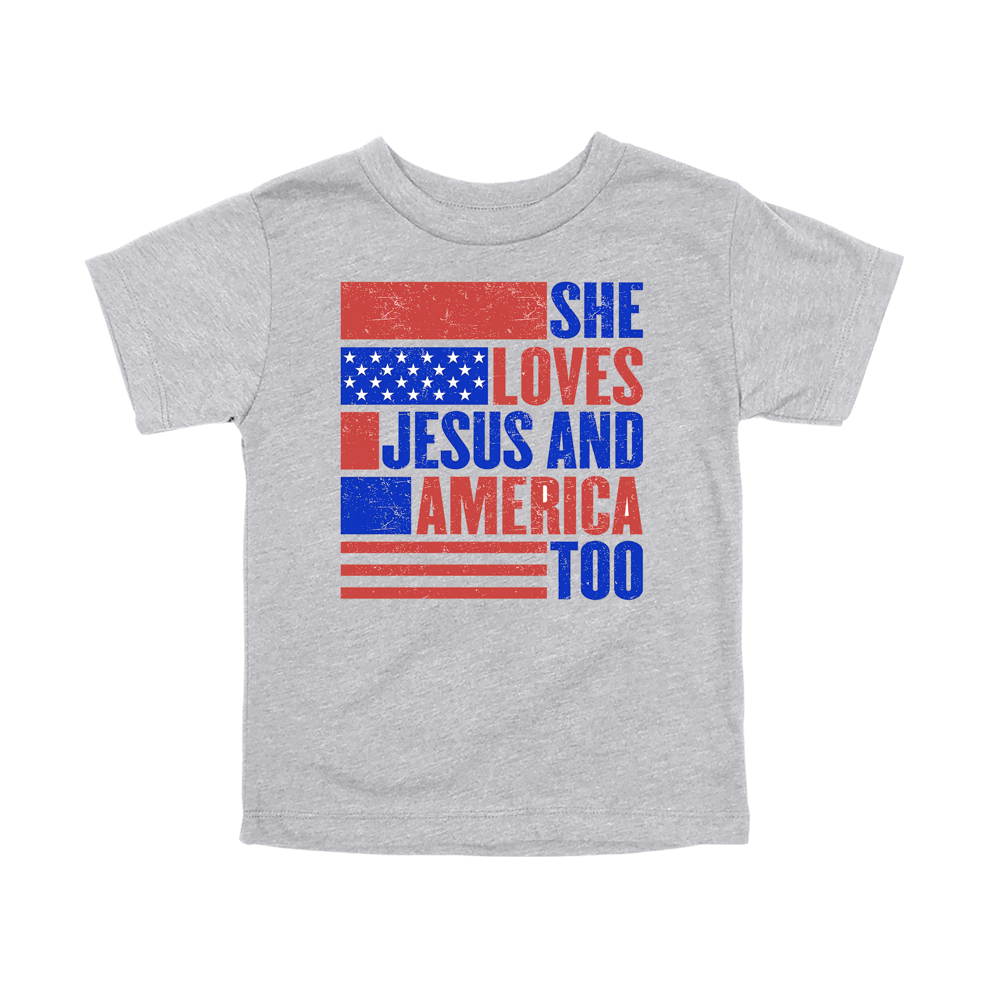 She Loves Jesus and America Too Apparel - gray toddler-tee front