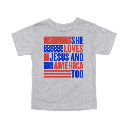 She Loves Jesus and America Too Apparel - gray toddler-tee front