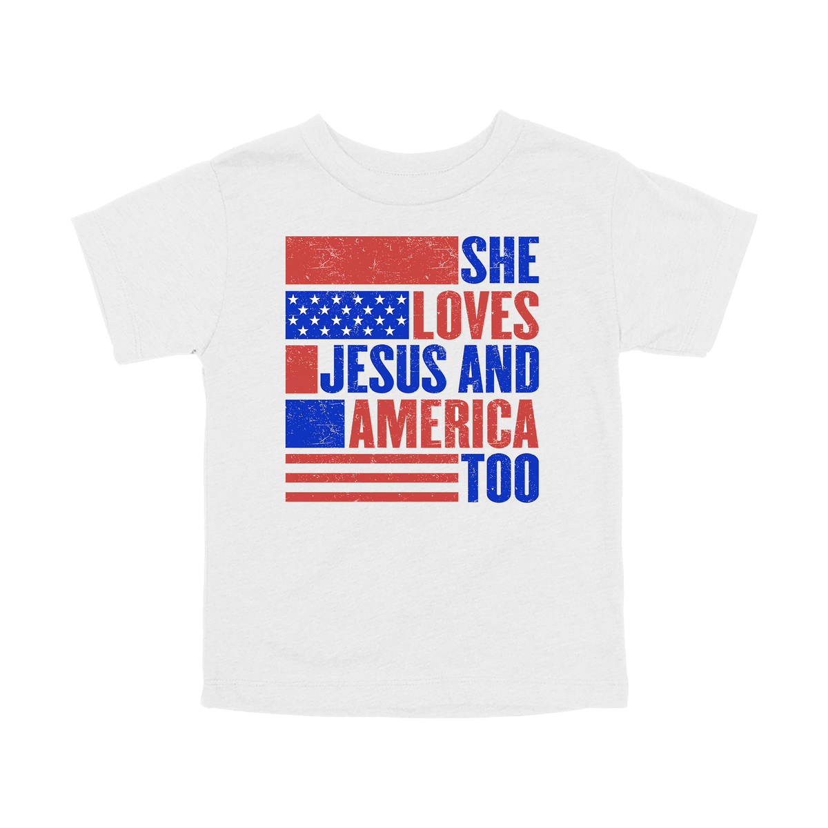 She Loves Jesus and America Too Apparel — white toddler-tee front