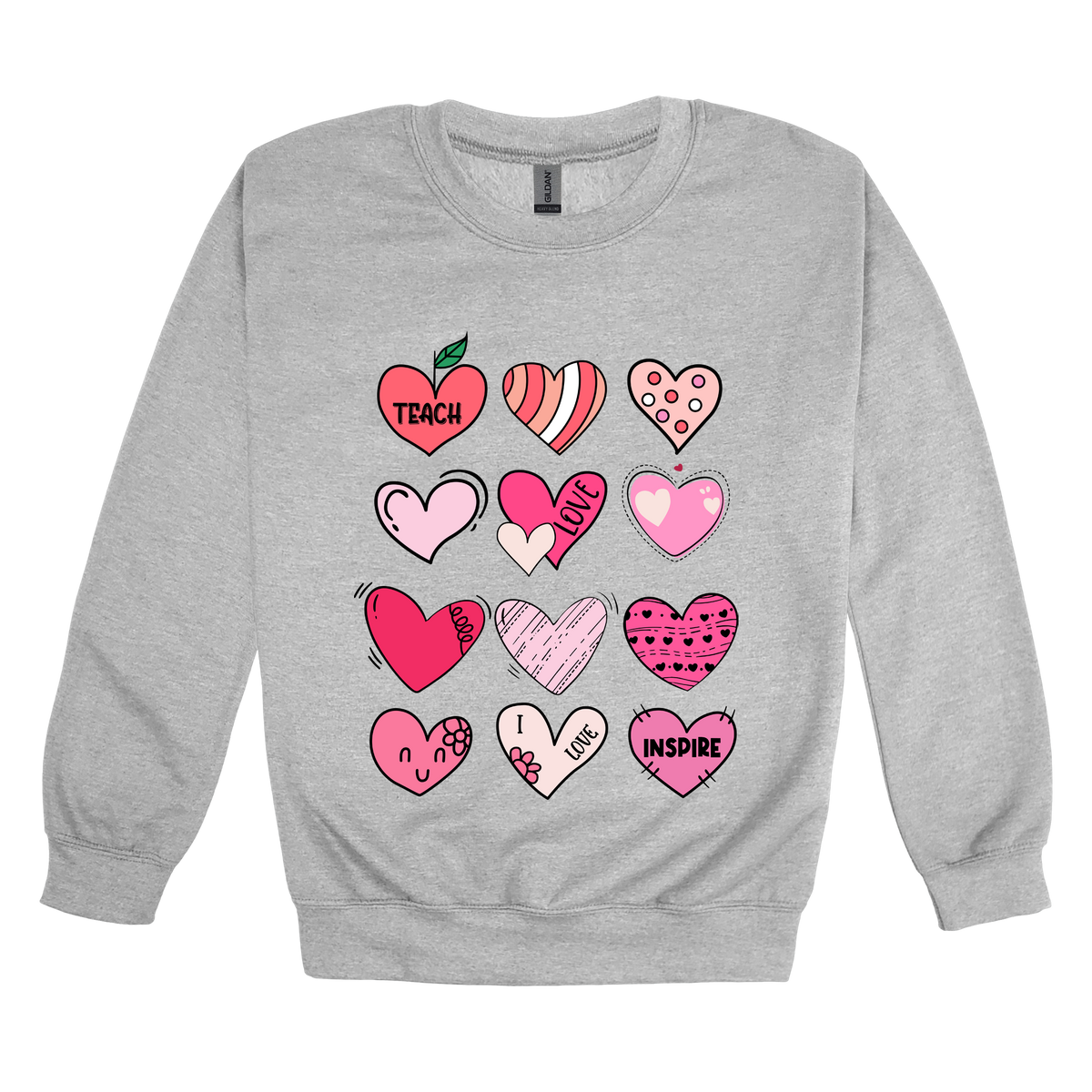 Teach Love Inspire Hearts teacher design on Sport Gray adult Crewneck, front view.