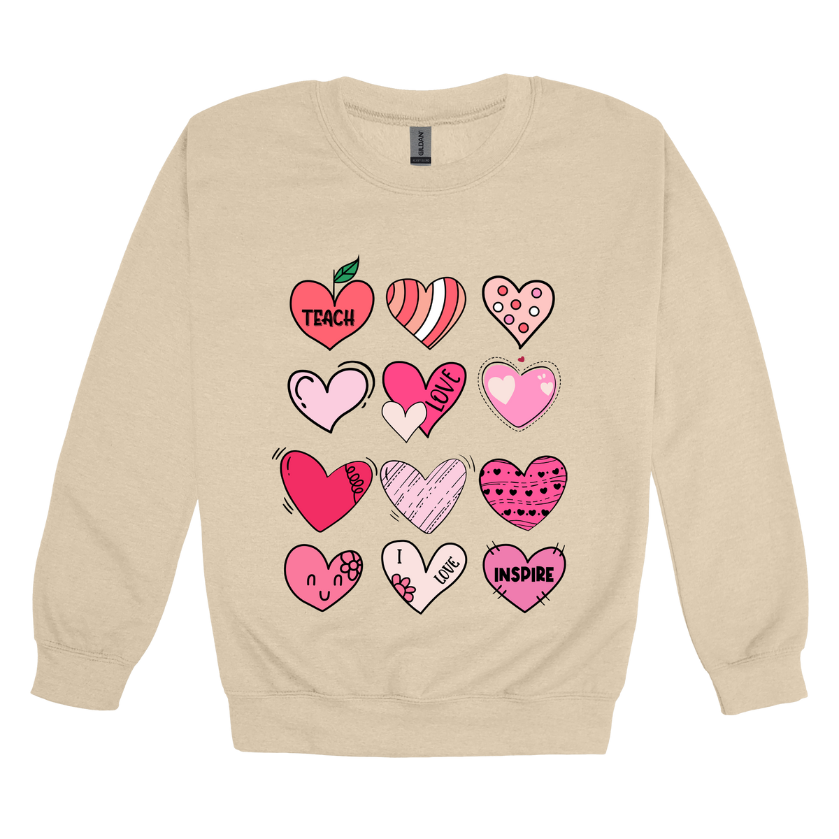 Teach Love Inspire Hearts teacher design on Sand adult Crewneck, front view.