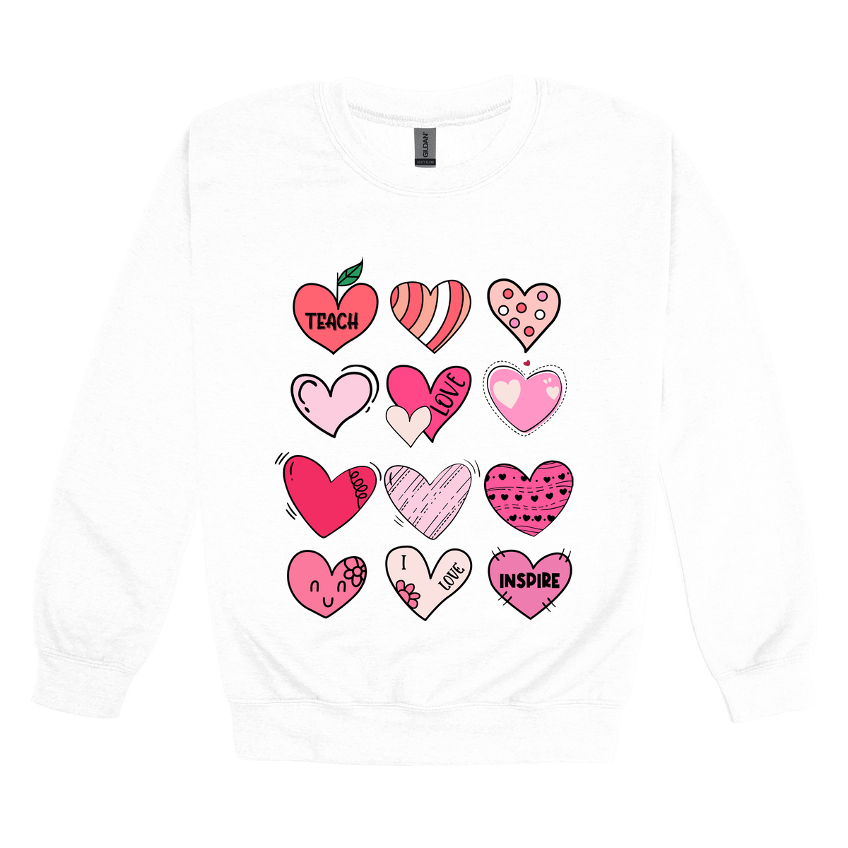 Teach Love Inspire Hearts teacher design on White adult Crewneck, front view.
