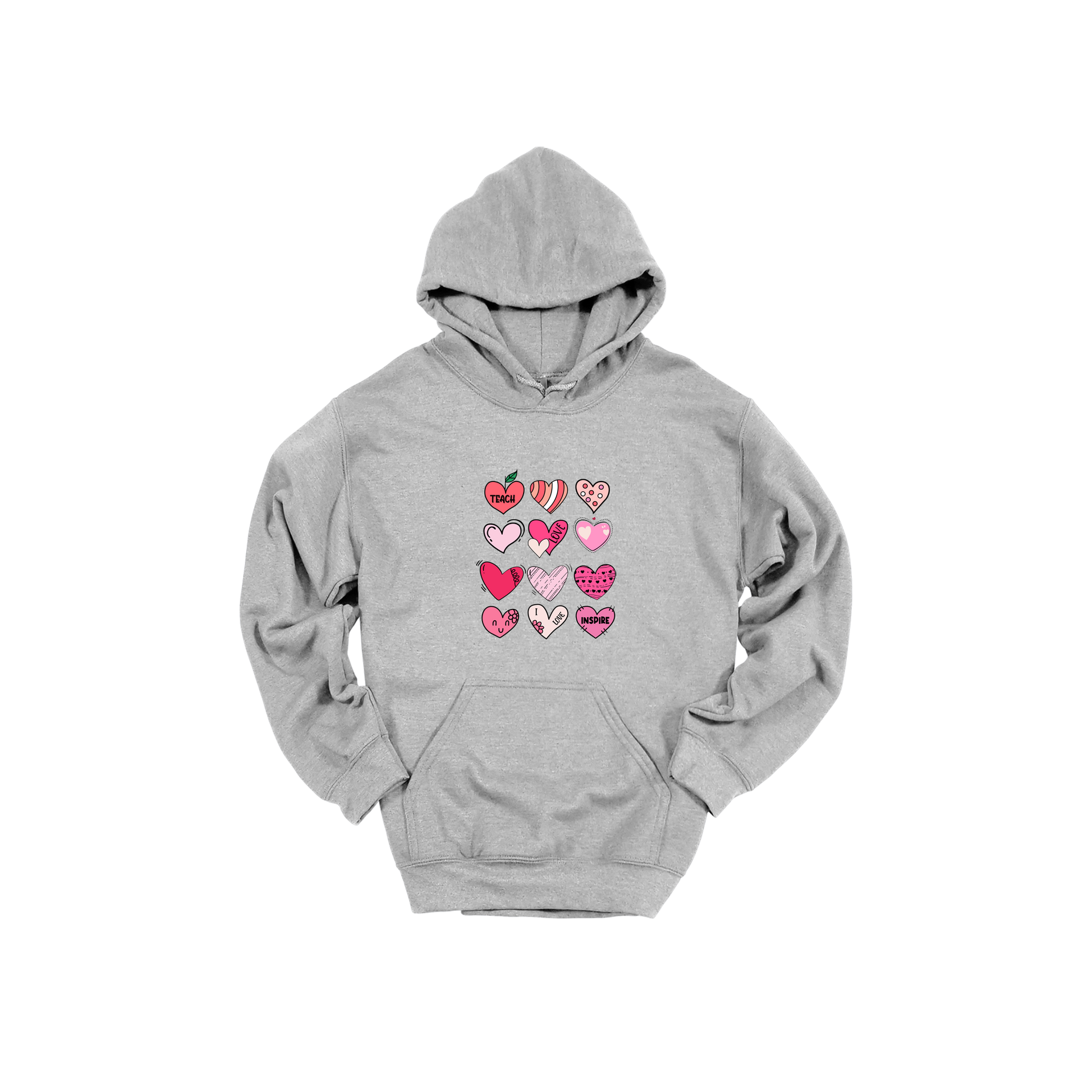Teach Love Inspire Hearts teacher design on Sport Gray adult Hoodie, front view.