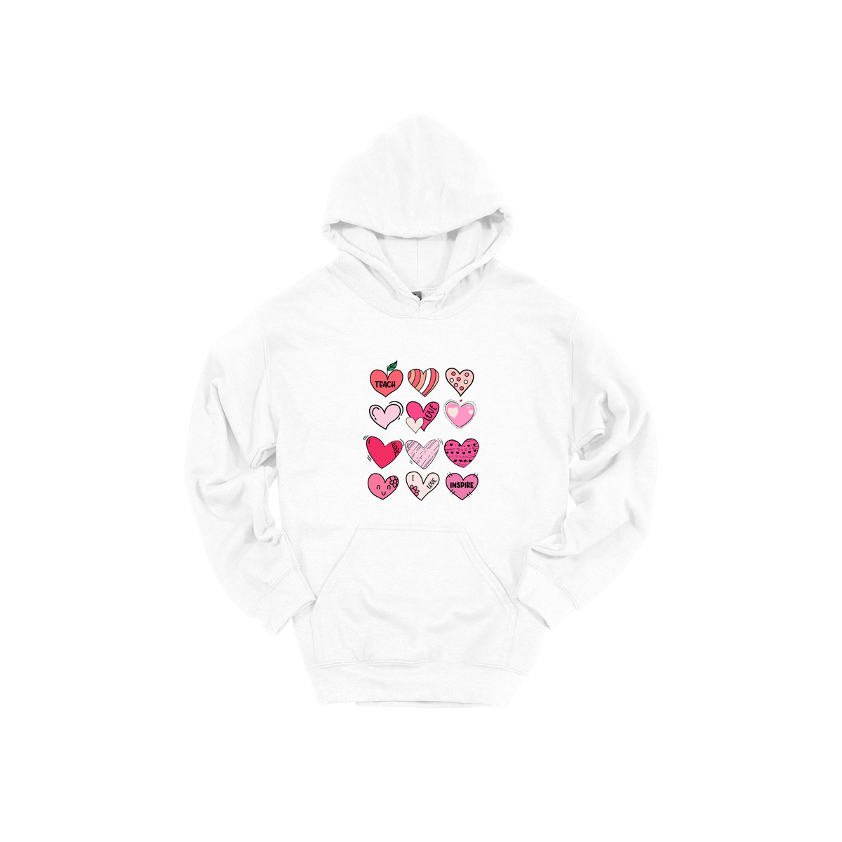 Teach Love Inspire Hearts teacher design on White adult Hoodie, front view.