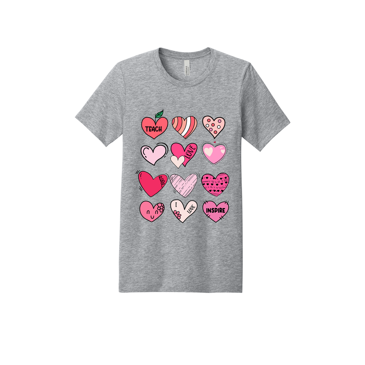 Teach Love Inspire Hearts teacher design on Heather Athletic Gray adult T-Shirt, front view.