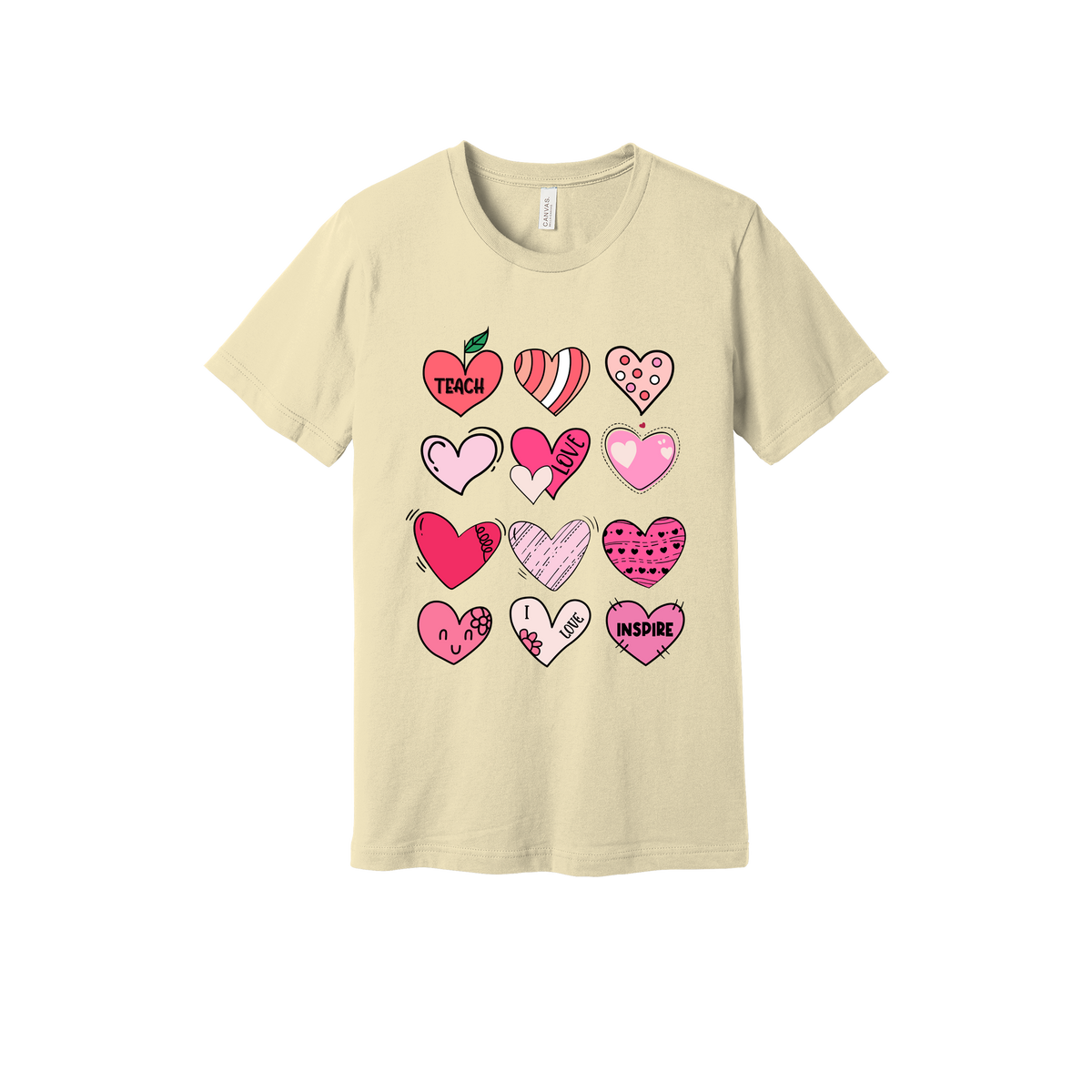 Teach Love Inspire Hearts teacher design on Natural adult T-Shirt, front view.