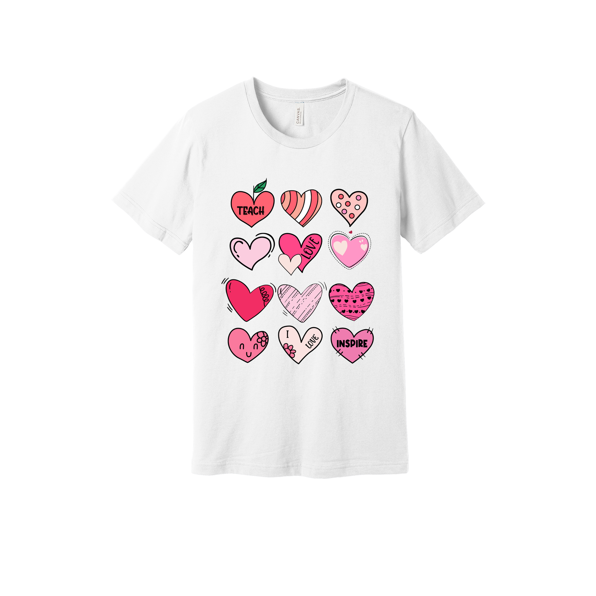 Teach Love Inspire Hearts teacher design on White adult T-Shirt, front view.