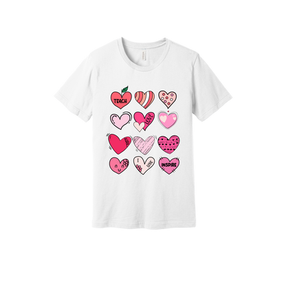 Teach Love Inspire Hearts teacher design on White adult T-Shirt, front view.