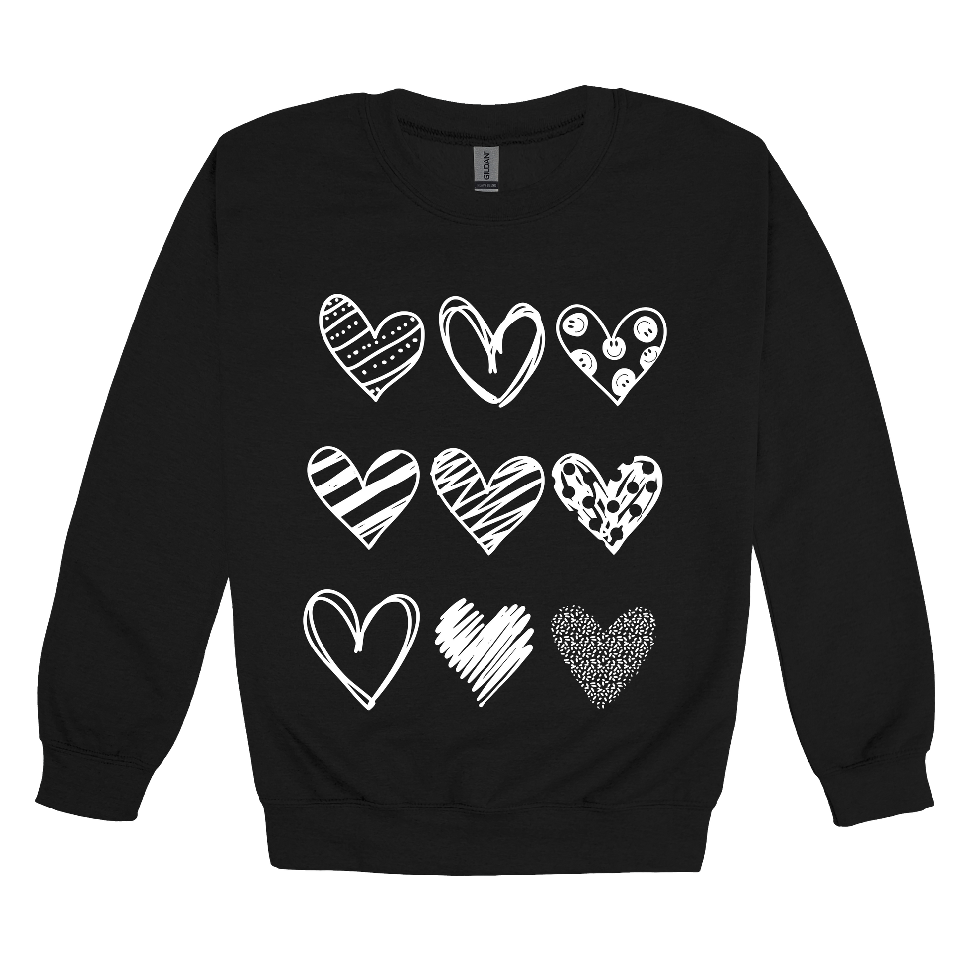 Hearts design on Black adult Crewneck, front view.