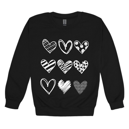 Hearts design on Black adult Crewneck, front view.