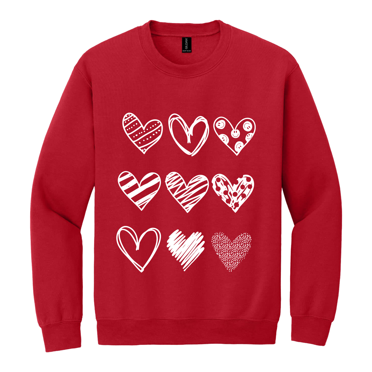 Hearts design on Red adult Crewneck, front view.