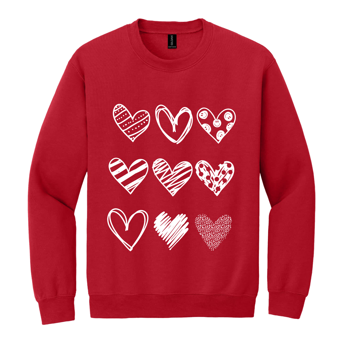 Hearts design on Red adult Crewneck, front view.
