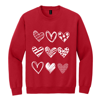 Hearts design on Red adult Crewneck, front view.