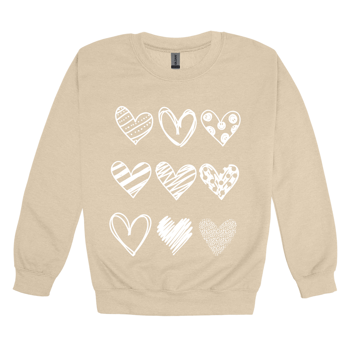 Hearts design on Sand adult Crewneck, front view.