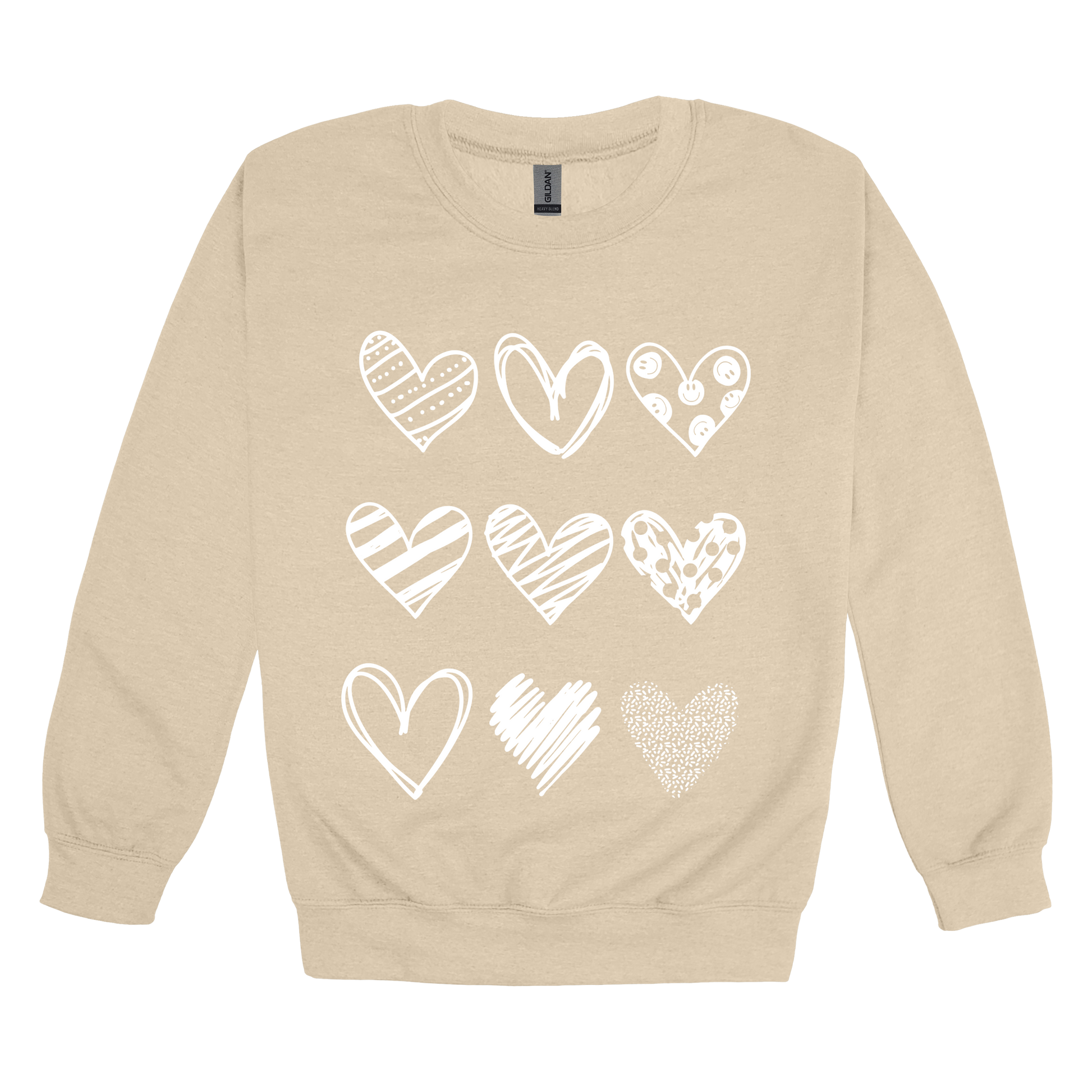 Hearts design on Sand adult Crewneck, front view.