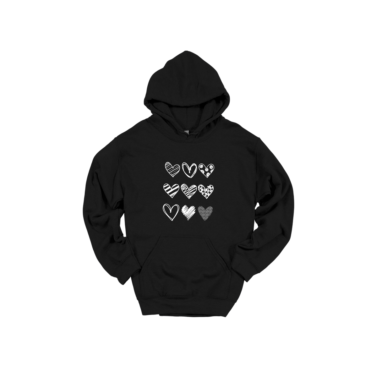 Hearts design on Black adult Hoodie, front view.