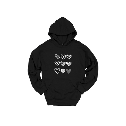 Hearts design on Black adult Hoodie, front view.