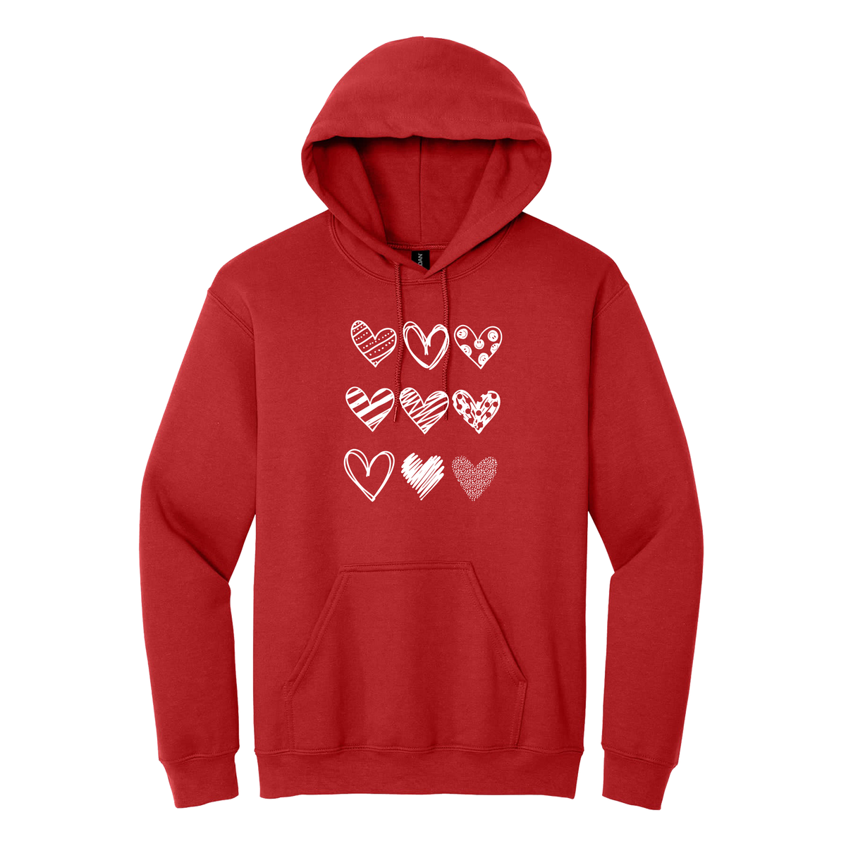 Hearts design on Red adult Hoodie, front view.
