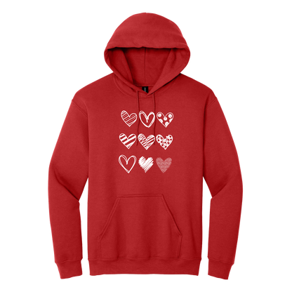 Hearts design on Red adult Hoodie, front view.