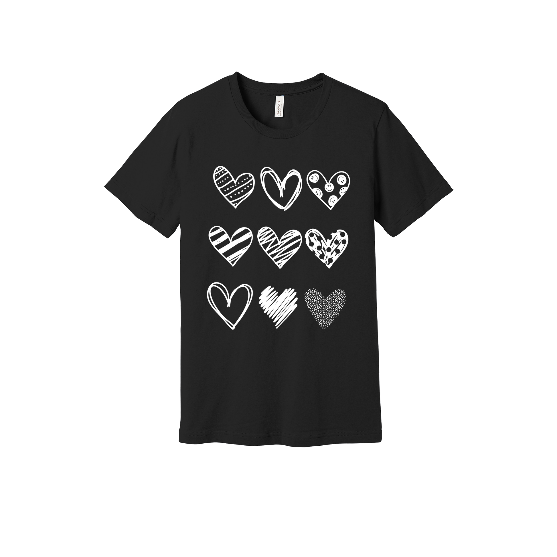 Hearts design on Black adult T-Shirt, front view.