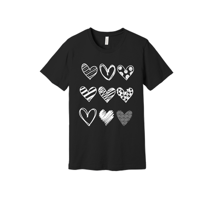 Hearts design on Black adult T-Shirt, front view.