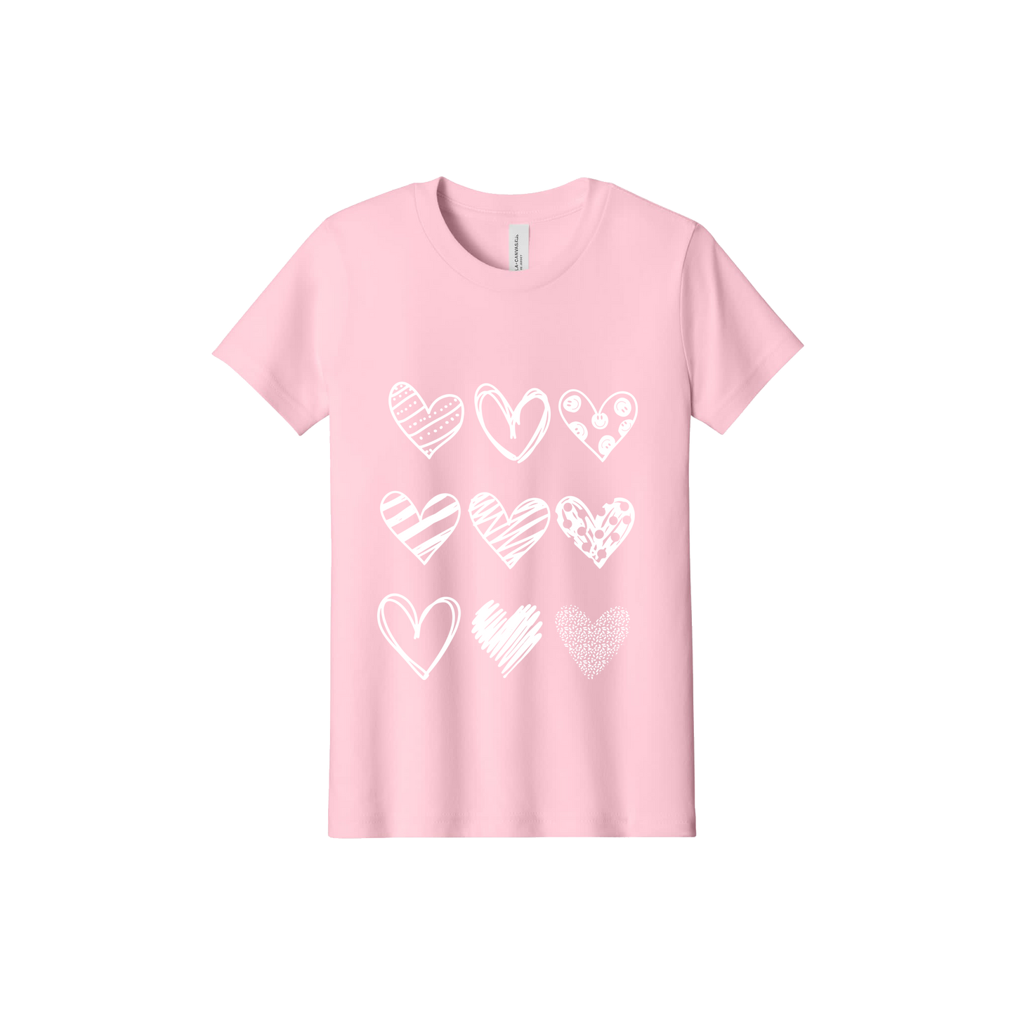 Hearts Apparel design on approved adult Pink T-shirt, front view.
