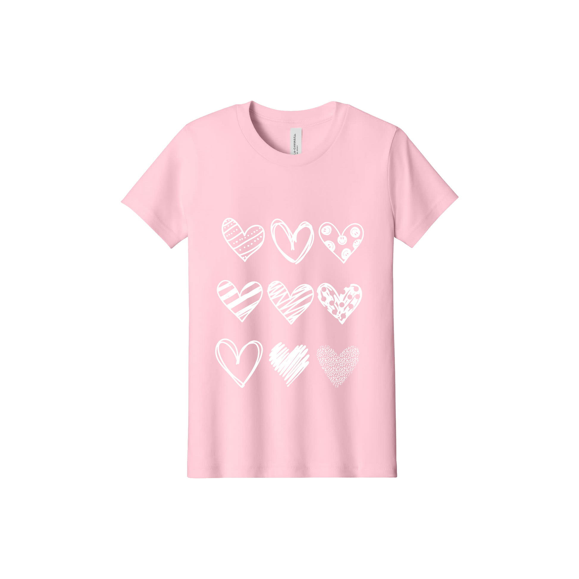 Hearts Apparel design on approved adult Pink T-shirt, front view.