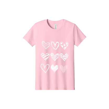Hearts Apparel design on approved adult Pink T-shirt, front view.