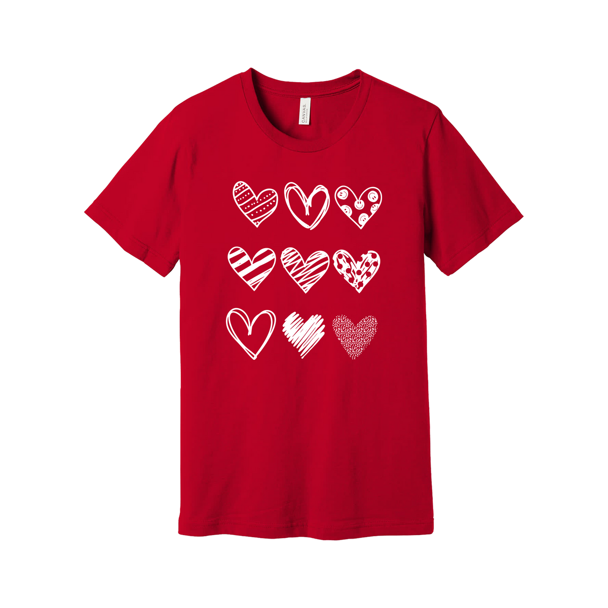 Hearts design on Red adult T-Shirt, front view.