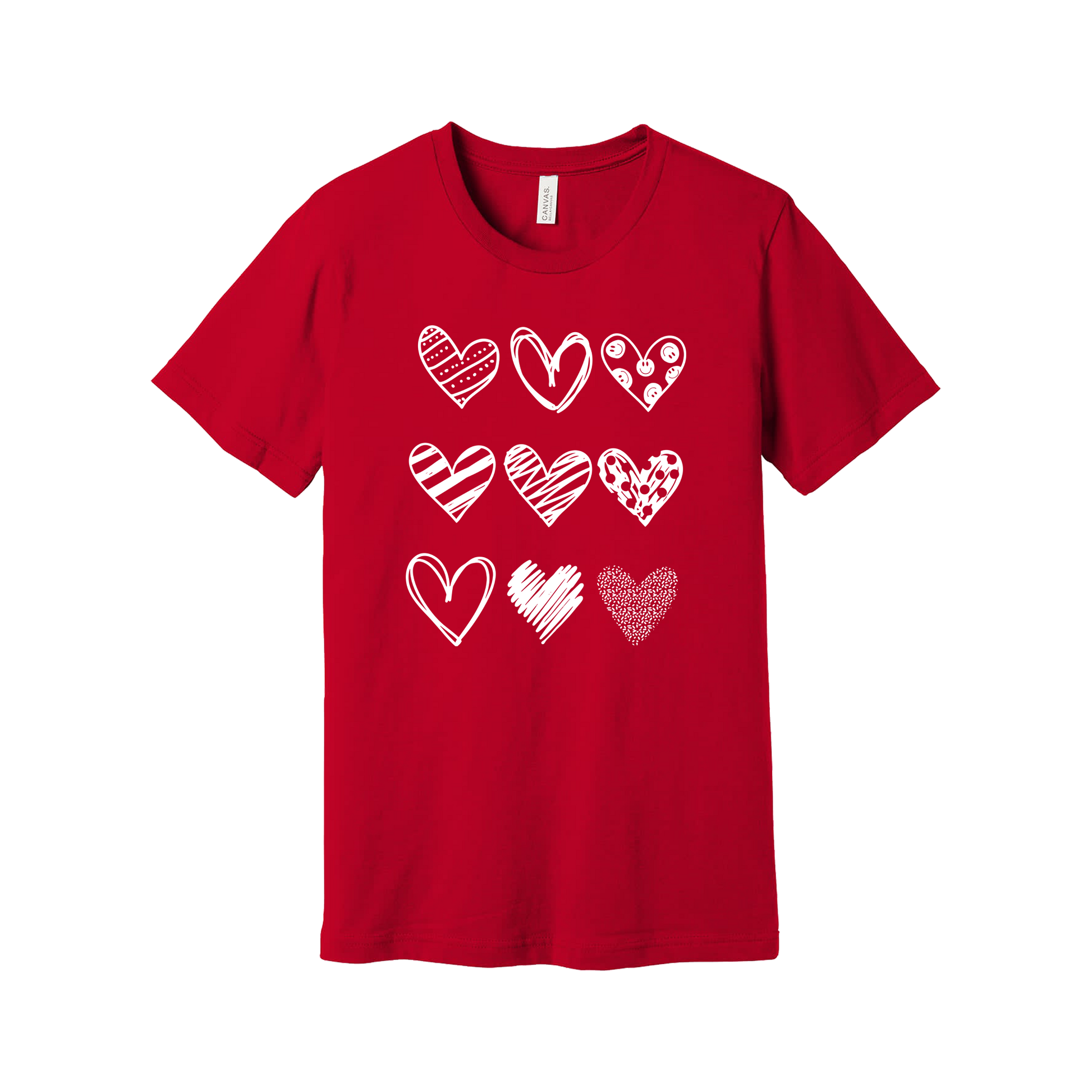 Hearts design on Red adult T-Shirt, front view.