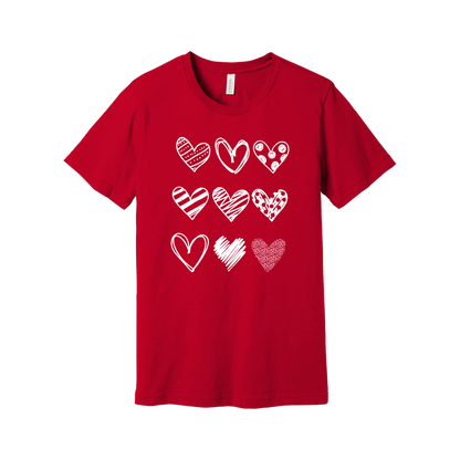 Hearts design on Red adult T-Shirt, front view.