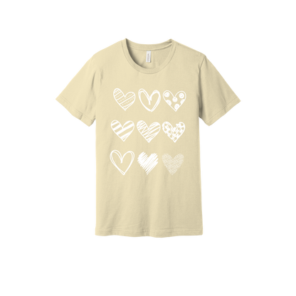 Hearts design on Natural adult T-Shirt, front view.