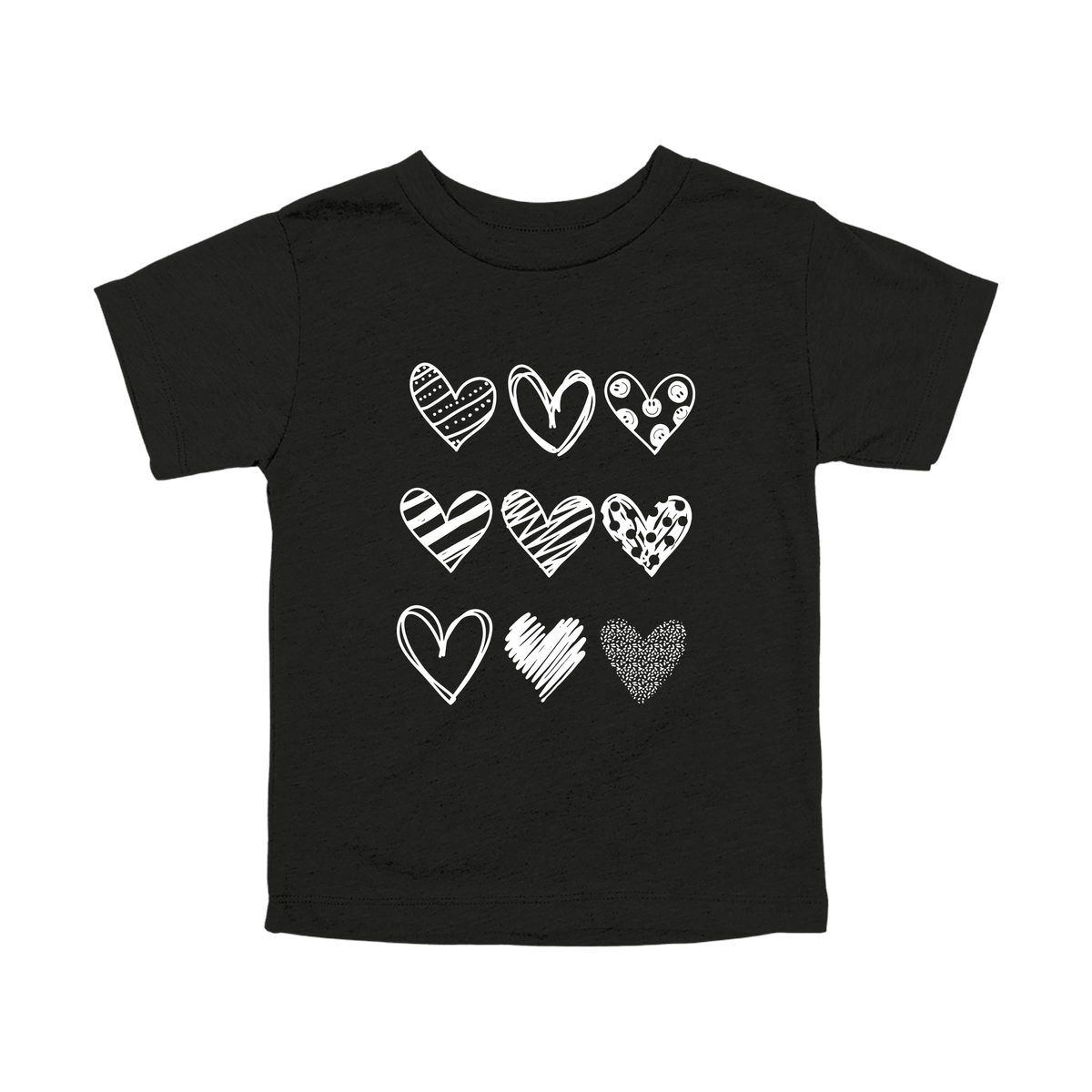 Hearts design on Black toddler T-Shirt, front view.