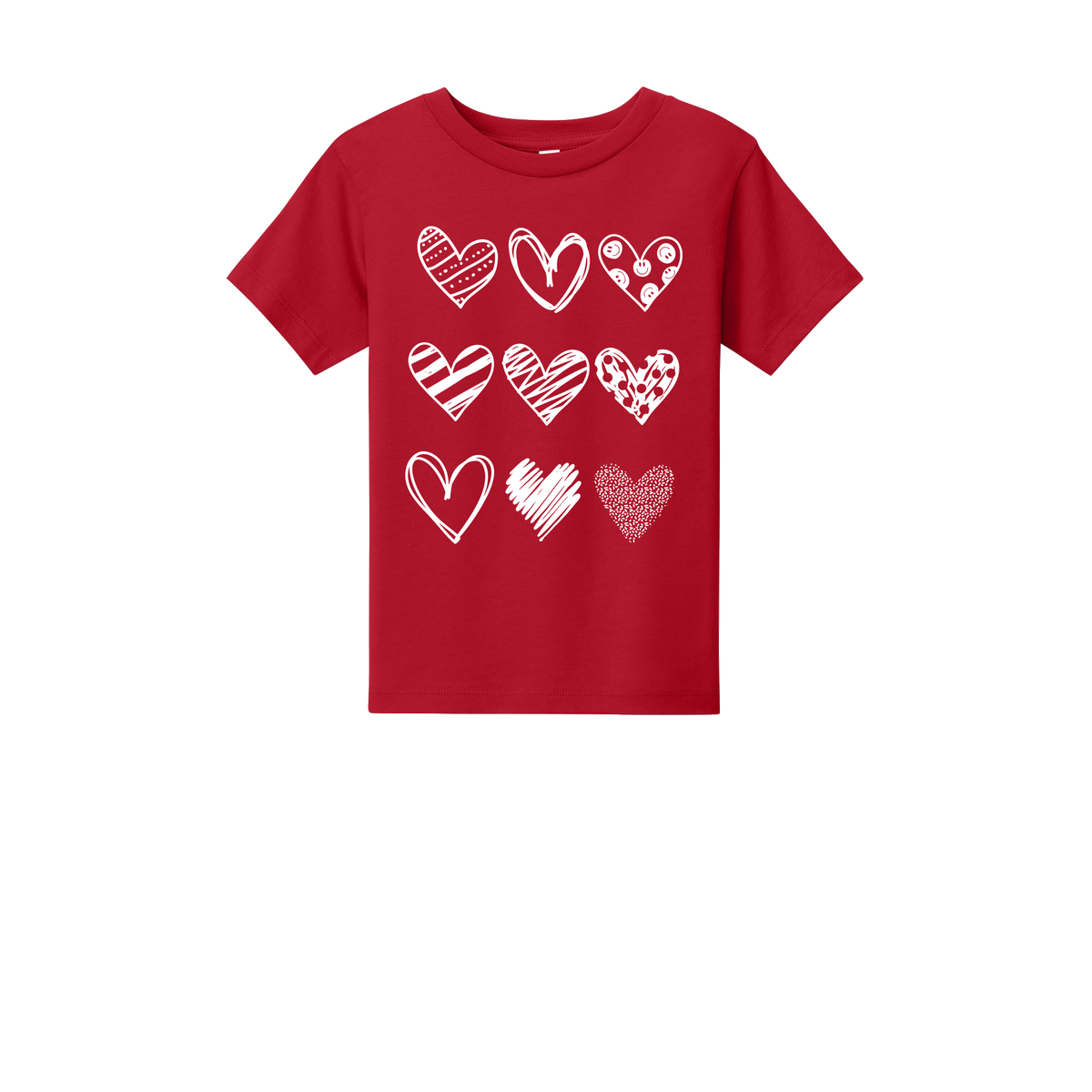 Hearts Apparel design on approved Toddler Red T-shirt, front view.
